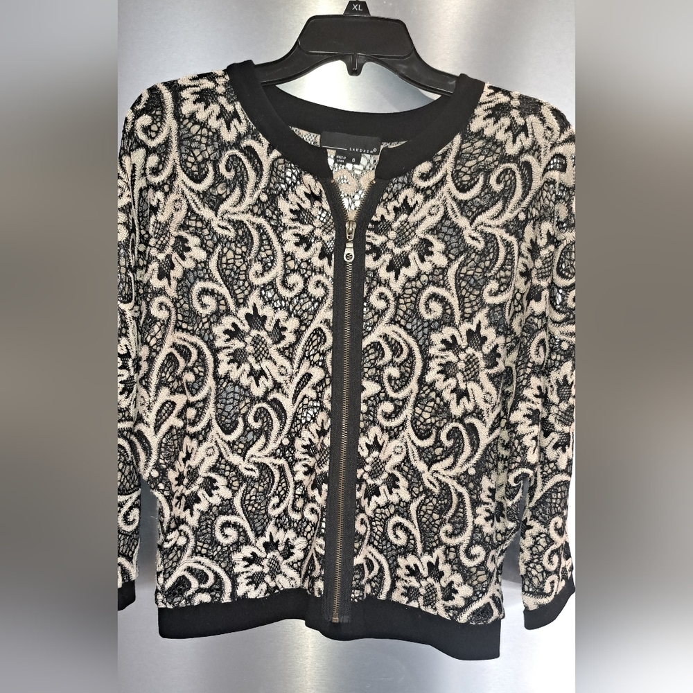 Ladies Laudrew Jacket Cardigan Black White Floral  Zip Stretch Dolman 3/4 Slv 6